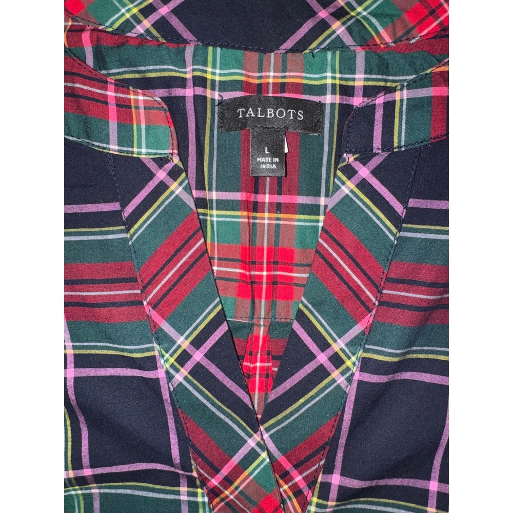 Talbots Dashing Plaid Band Collar Tunic Red Green Jewel Button Popover Large - Picture 7 of 9